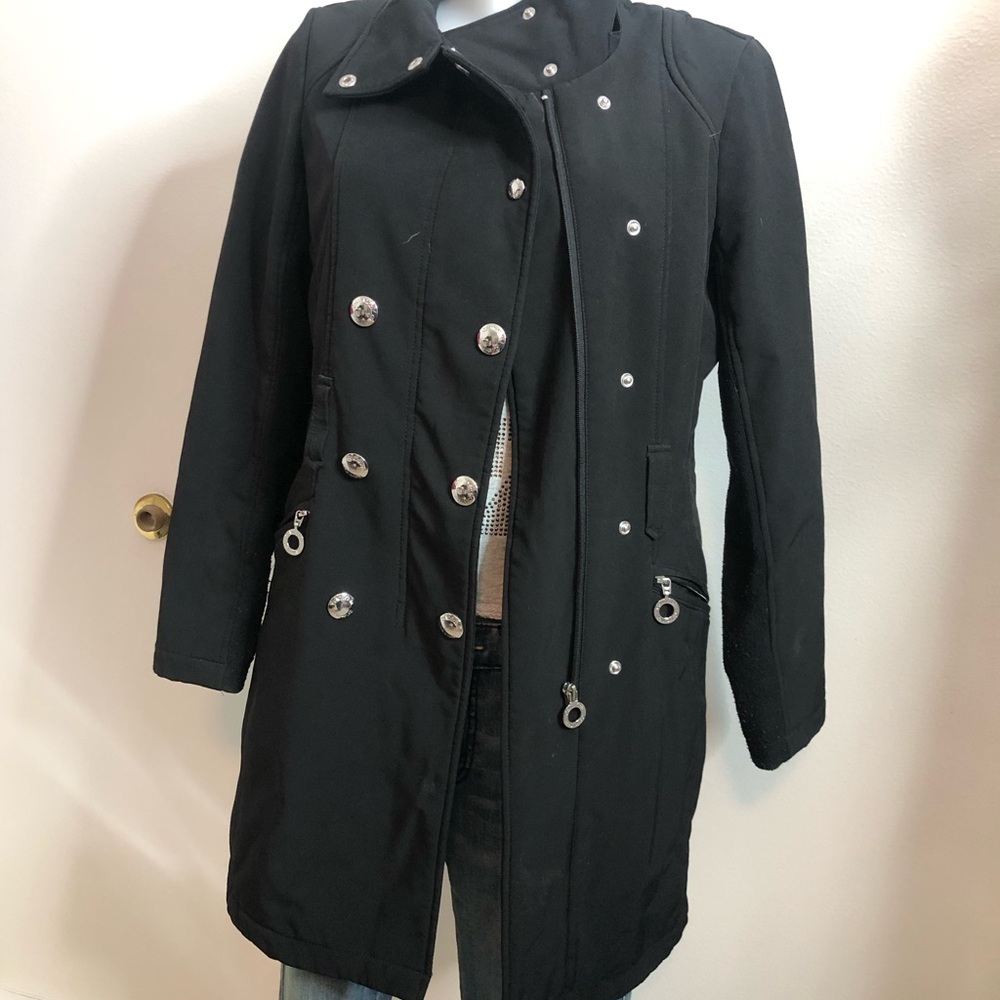 Calvin Klein Elegant Black Trench Coat with Metallic Details